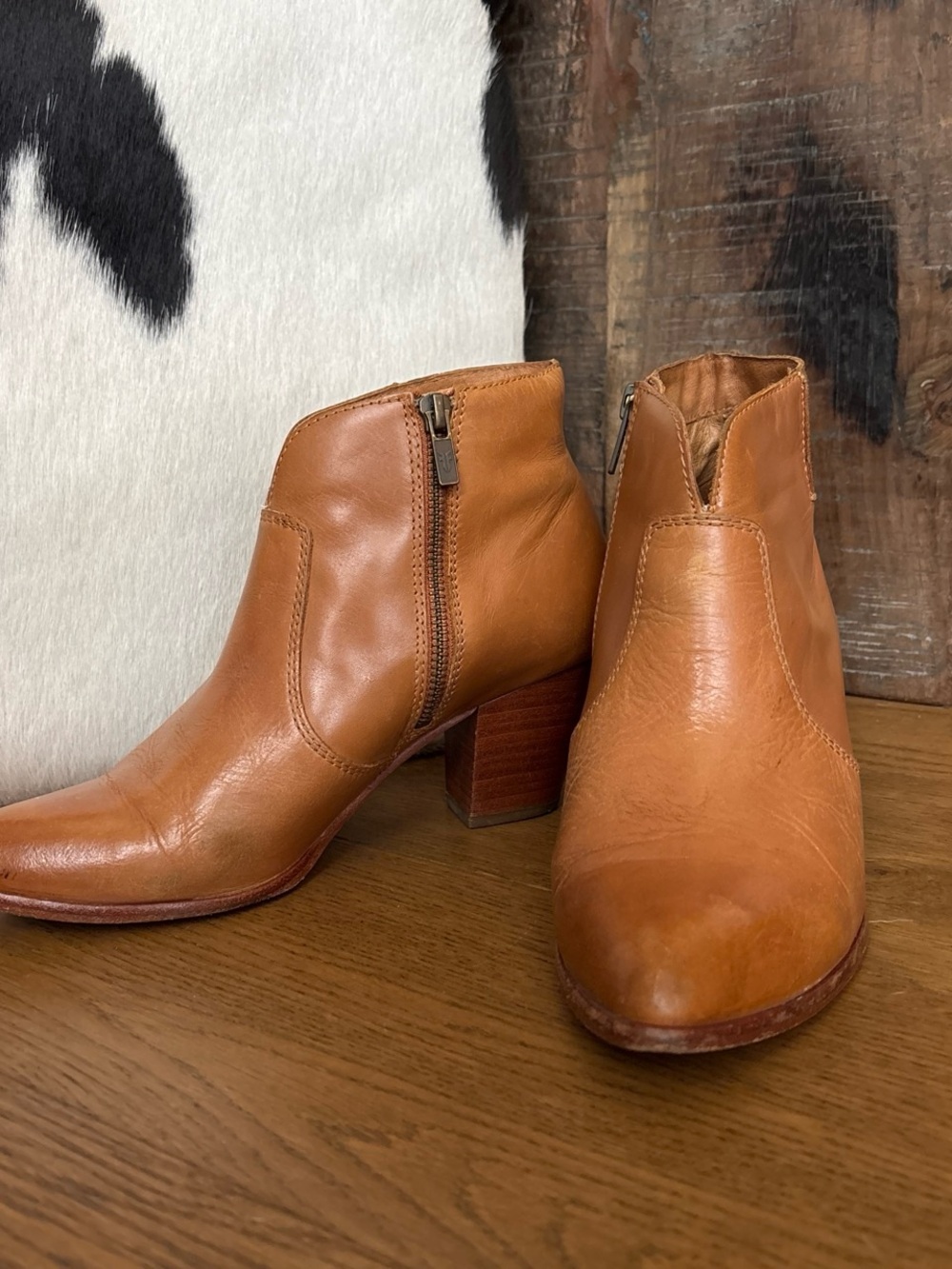 Frye Cognac Leather Ankle Booties with Block Heel